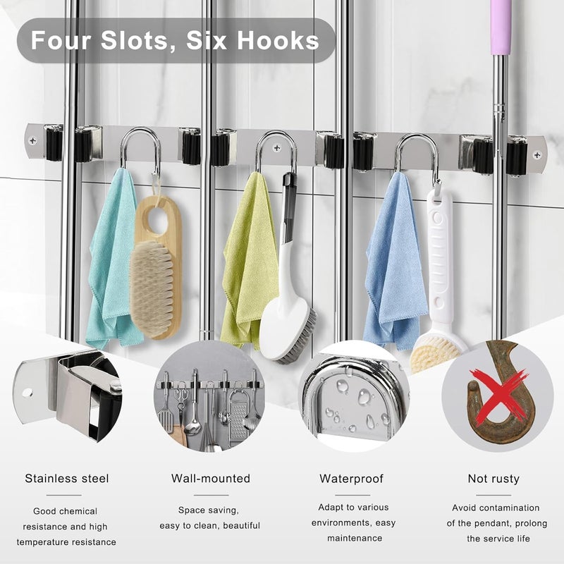 GUUKAR Mop Broom Holder Wall Mount, Silver Stainless Steel Tool Storage Organizer for Kitchen Garden Garage Laundry Room Bathroom and RV with 4 Slots 6 Hooks - Image 2